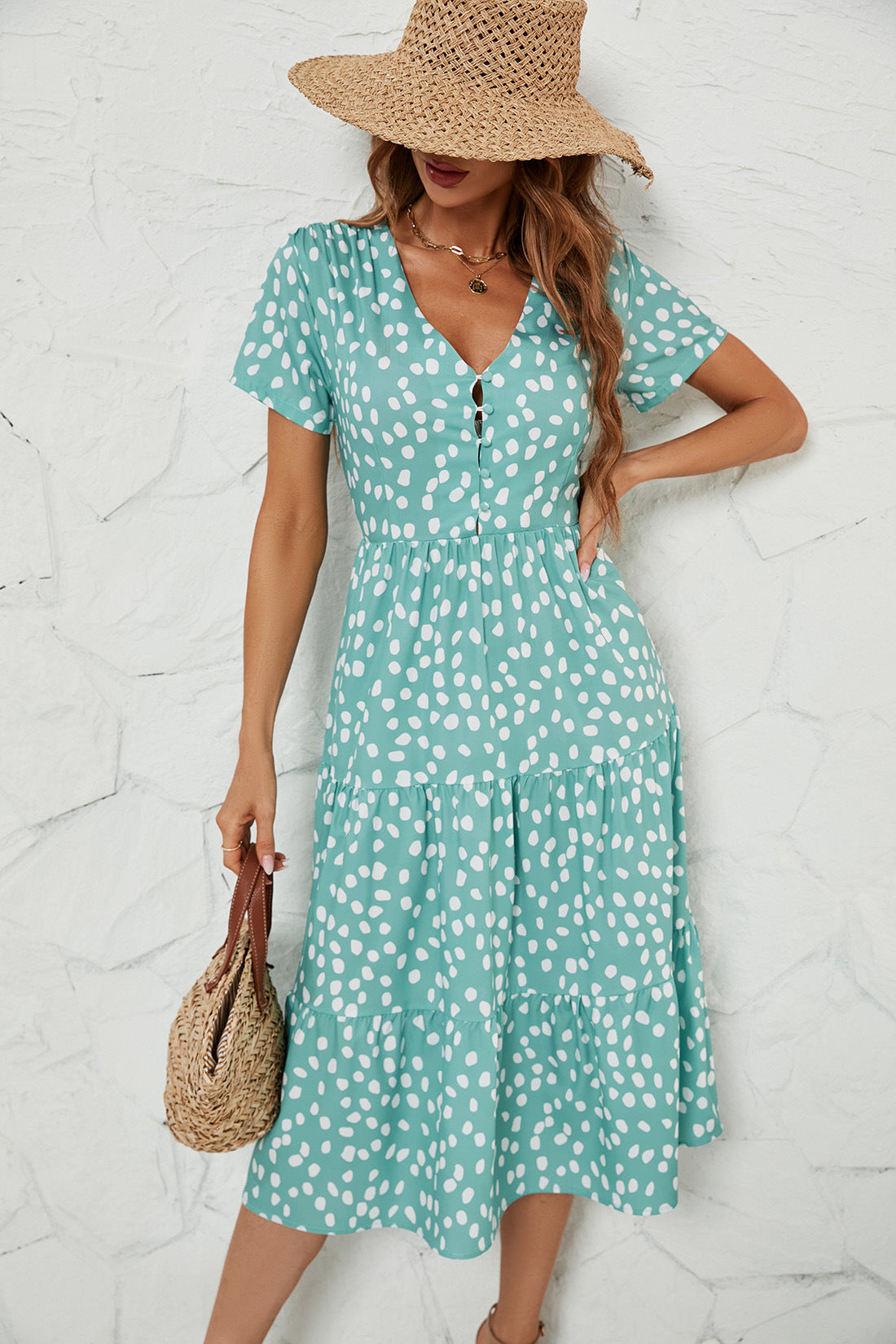 Women's V-neck Printed Short Sleeve Dress CD580