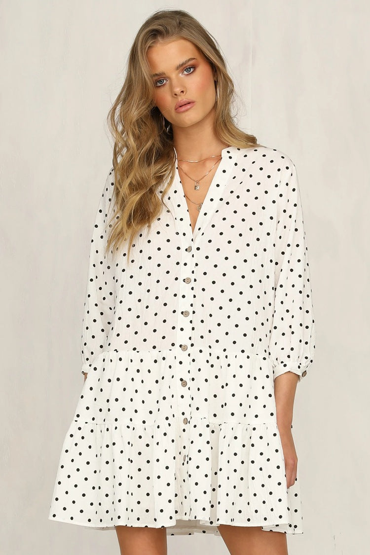 Polka Dot Printed Shirt Collar Long Sleeved Dress CD355