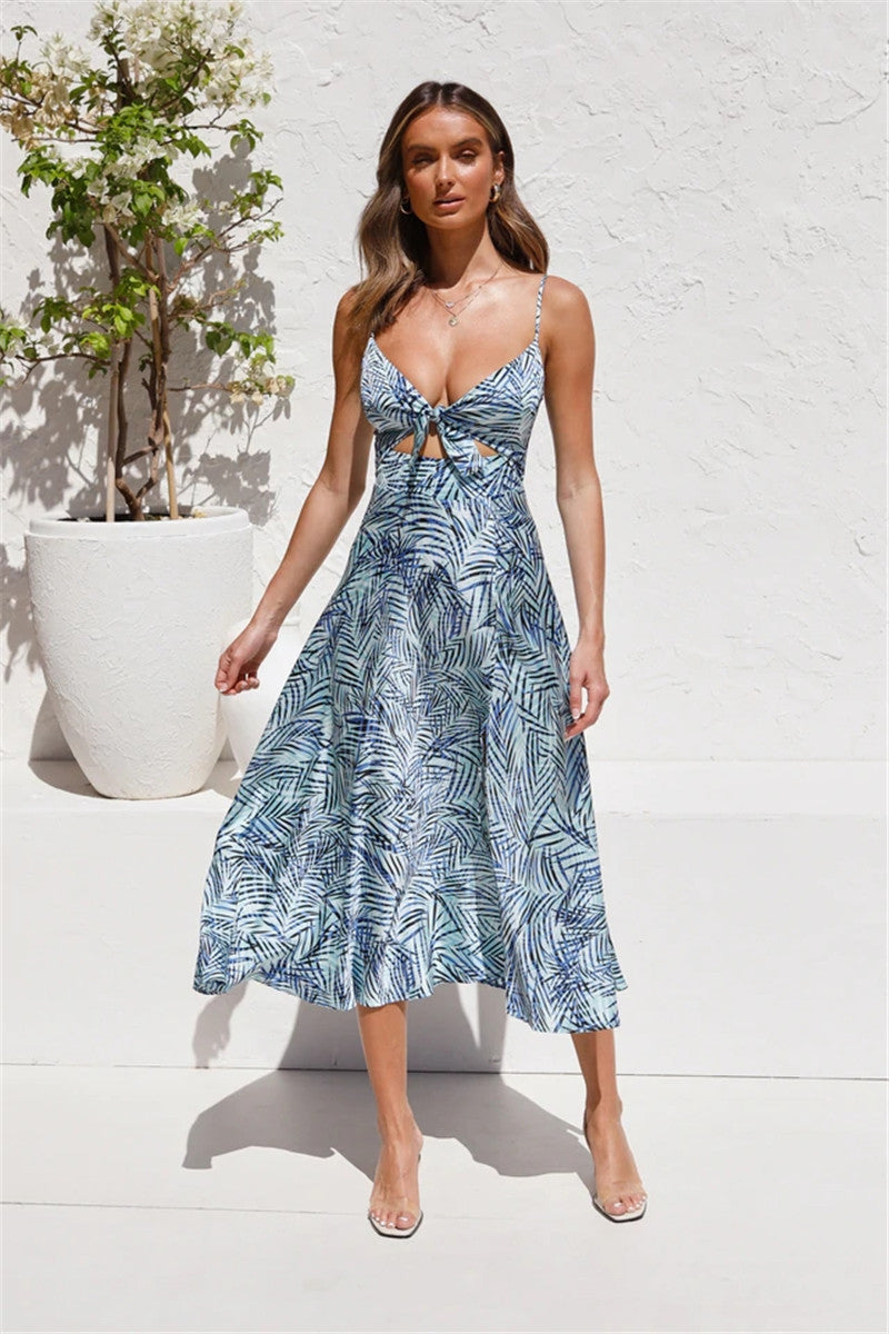 Printed Sexy V-neck Slip Open-back Dress CD371