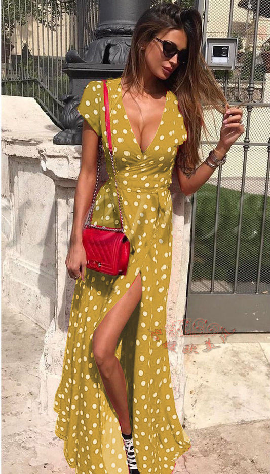 Polka Dots Print Low Cut Short Sleeved Split Dress CD313