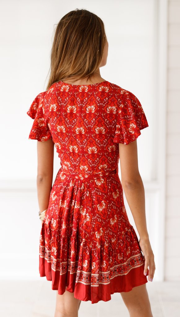V-neck Short Sleeves Lace-up Ruffles Resort Dress CD226