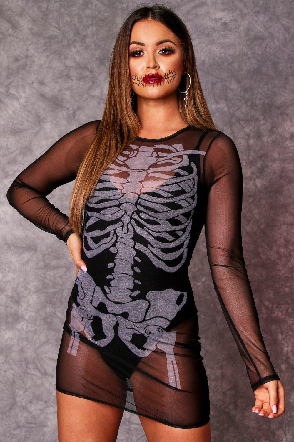 Mesh Crewneck Skull Print Sexy Dress CD328