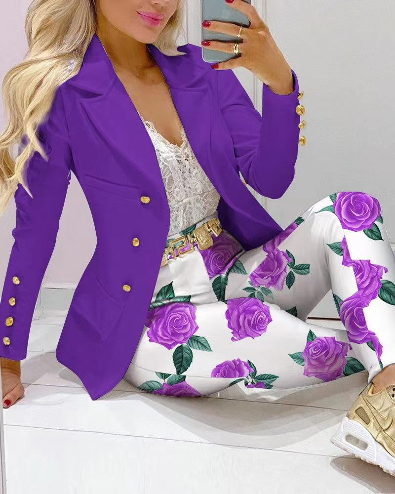 Women's Lapel Neck Patterned Suit Jacket & Pant Sets