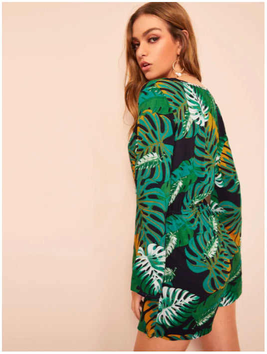 Long Sleeve Print V-neck Tie Jumpsuit Shorts CD372