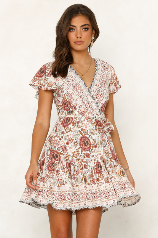 Short-sleeved V-neck Printed Floral Dress CD398