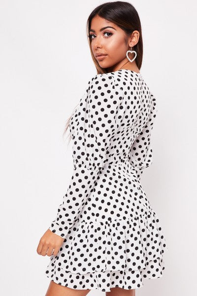 V-neck Long-sleeved Ruffled Polka-dot Printed Dress CD340