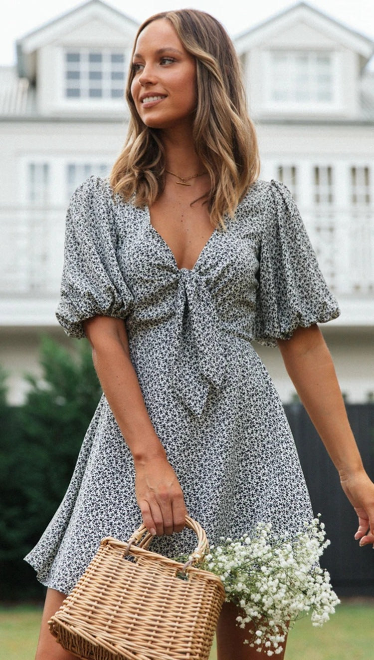 Floral Bow V-Neck Bubble Short Sleeve Dress CD359