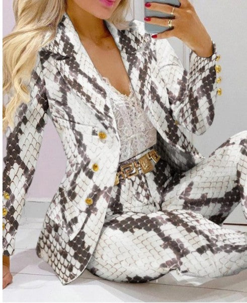 Women's Lapel Neck Patterned Suit Jacket & Pant Sets