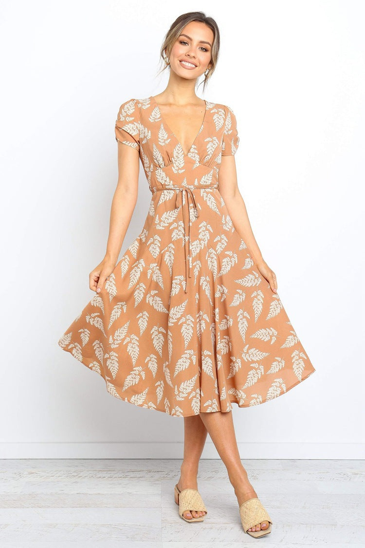 Short Sleeved V-neck Leaf Print Dress CD339