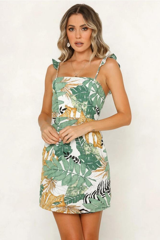 Leaf-print Slip Sleeveless High-rise Dress CD375