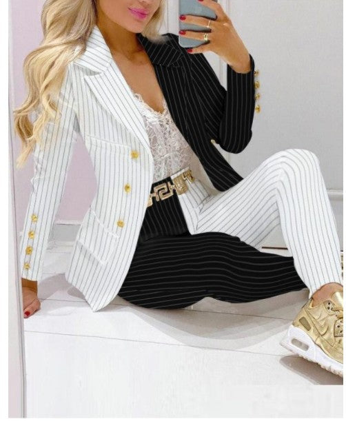 Women's Lapel Neck Patterned Suit Jacket & Pant Sets