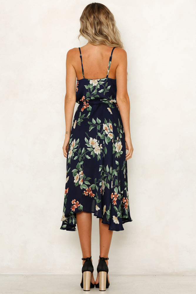 Floral Strap Printed Irregular Vacation Dress CD405