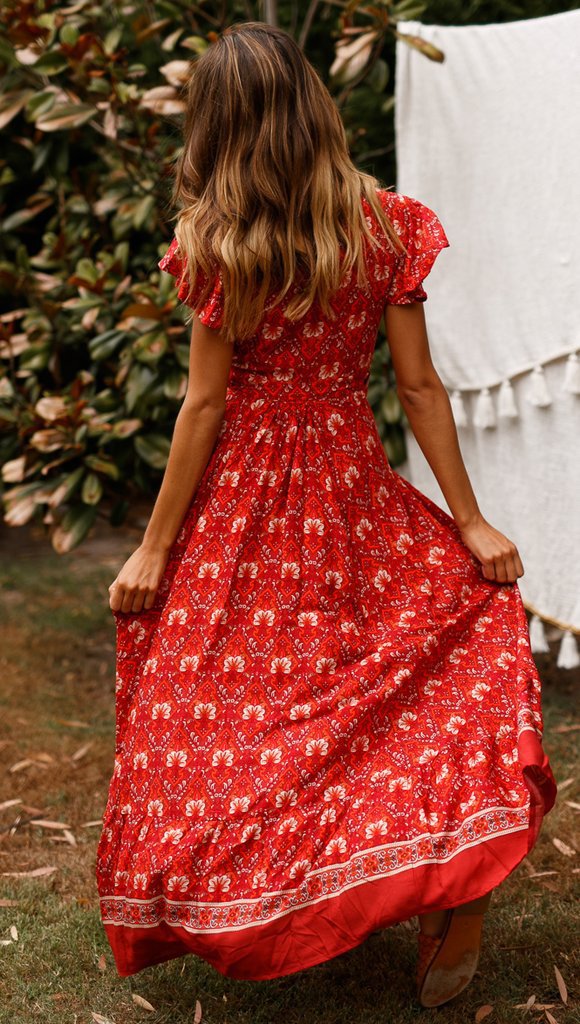 Short-sleeved Lotus Leaf Printed V-neck High Waist Dress CD299