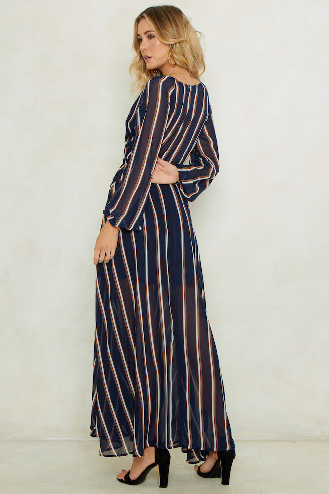 Stripe Printed V-neck Long Sleeved Large Swing Dress CD311