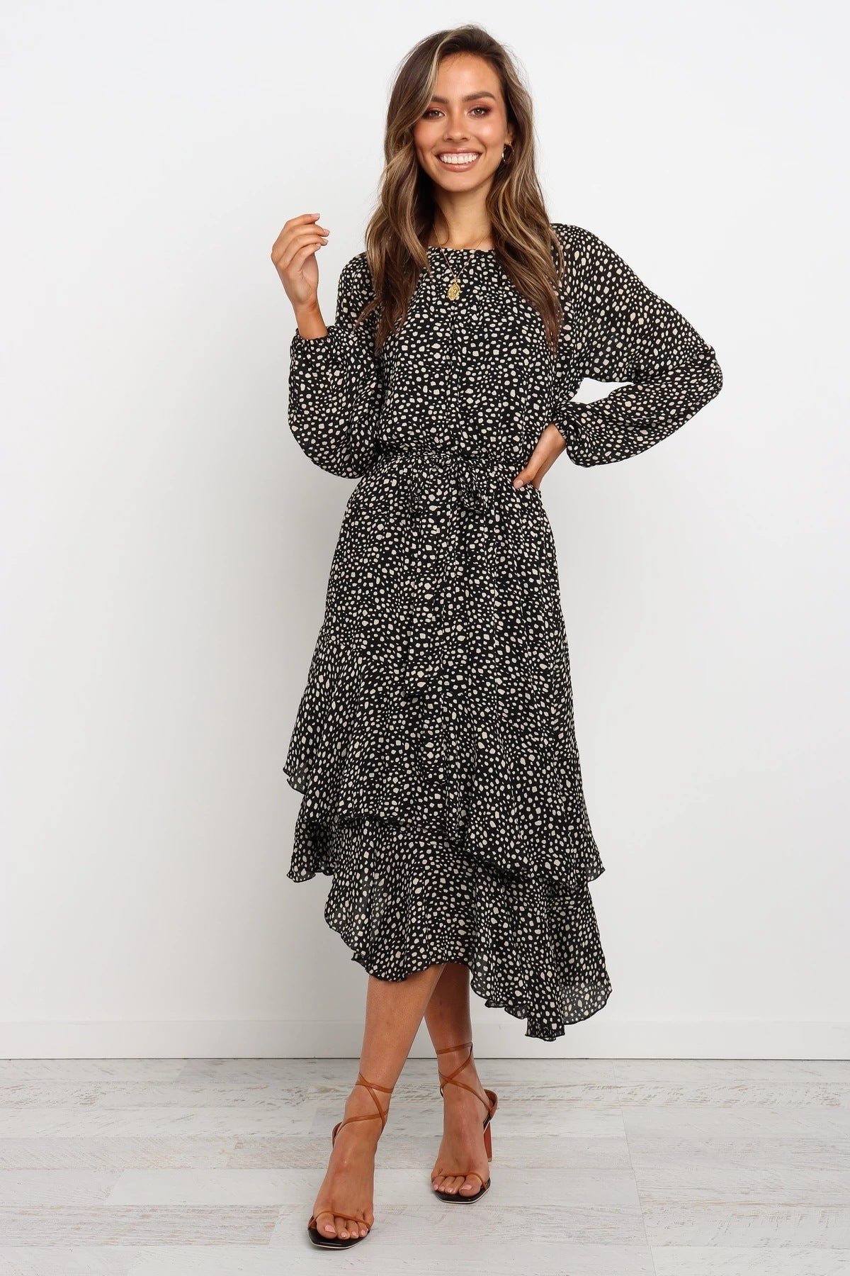 Printed Round Neck Ruffle Long Sleeve Dress CD358