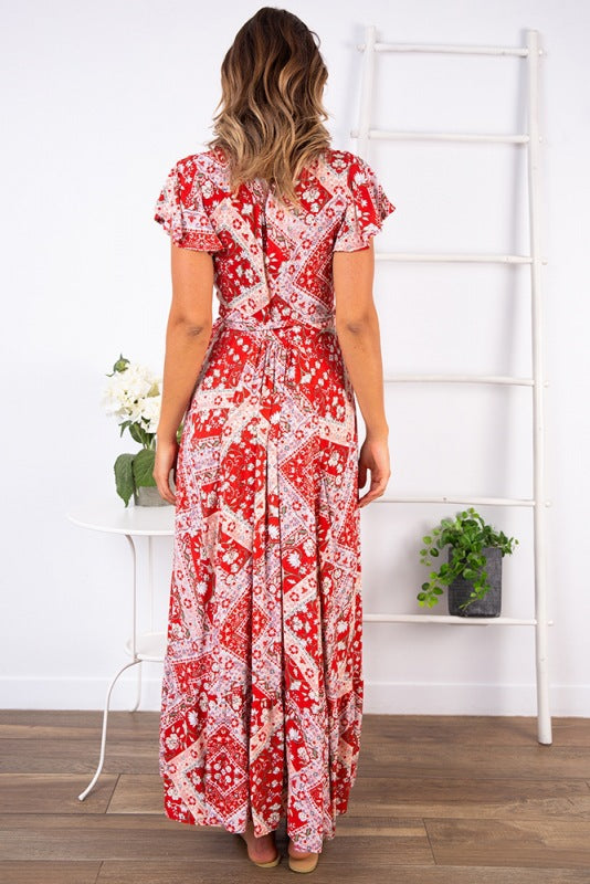 Printed Sexy V-neck Short Sleeved Dress CD324