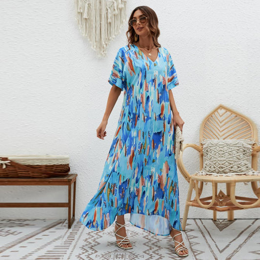 Women's Printed Loose Swing Short Sleeve Dress CD511