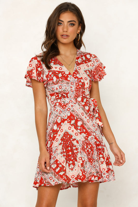 V-neck Ruffled Short Sleeved Printed Dress CD354