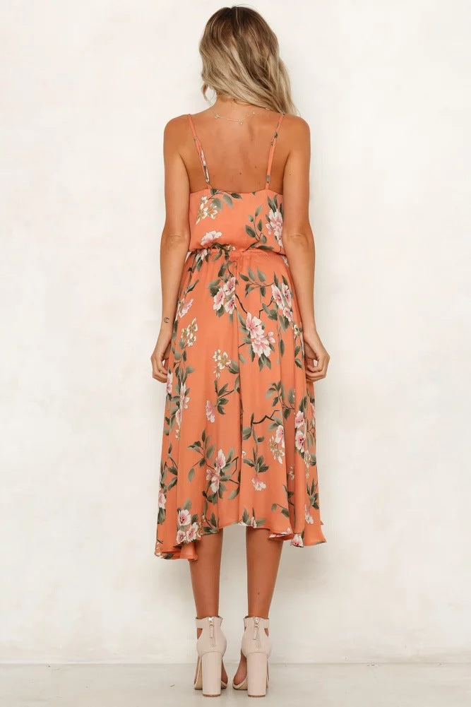 Floral Strap Printed Irregular Vacation Dress CD405