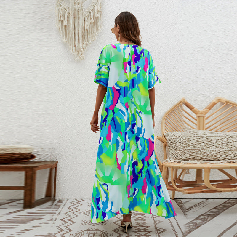 Women's Printed Loose Swing Short Sleeve Dress CD511