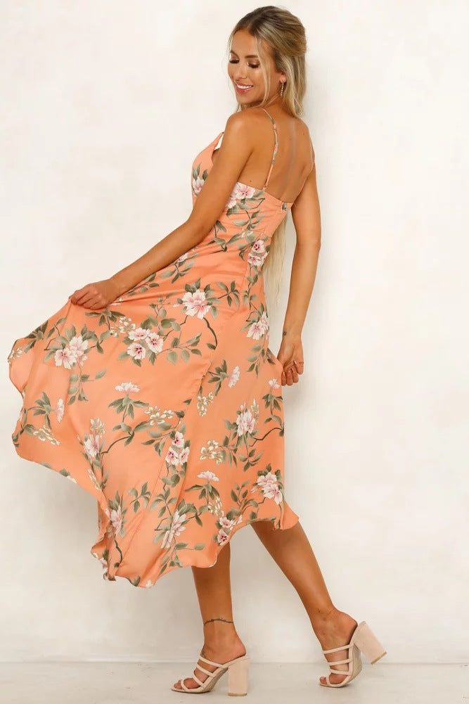 Sexy Printed Strap V-Neck Ruffle Dress CD325