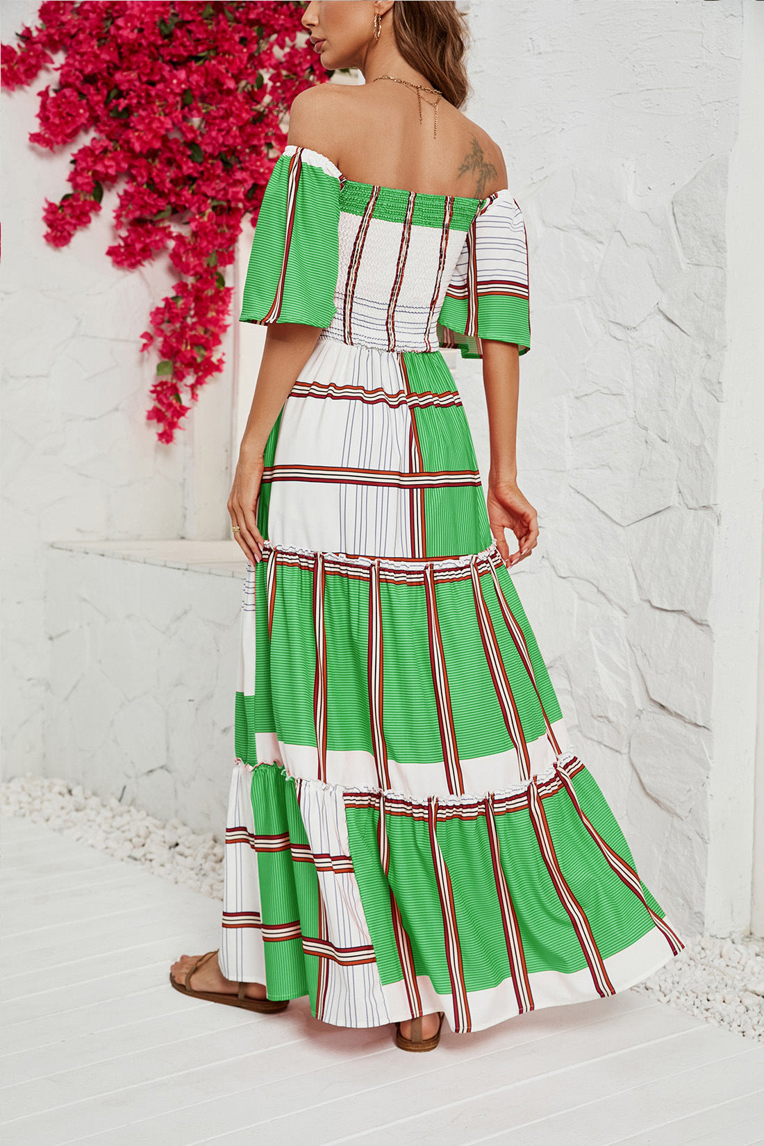 Women's Striped Ruffled Dress with A Line Neck CD565