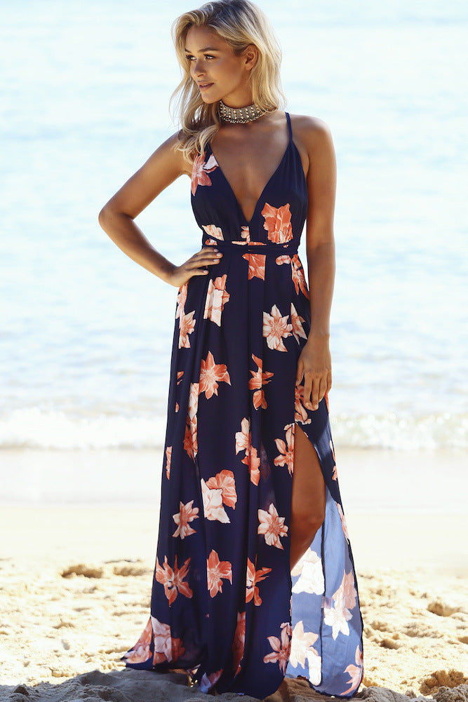 V-neck Open Back Strap Printed Dress Beach Dress CD334