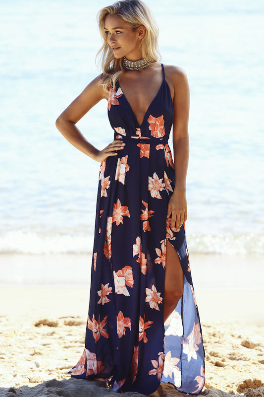V-neck Open Back Strap Printed Dress Beach Dress CD334