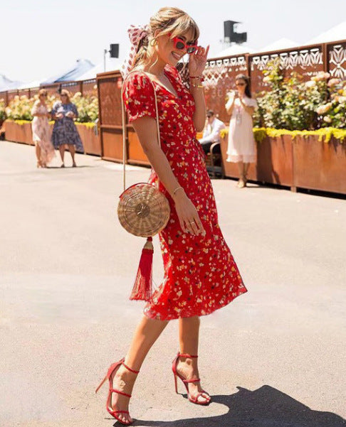 Floral Printed Short Sleeved V-neck Dress CD303