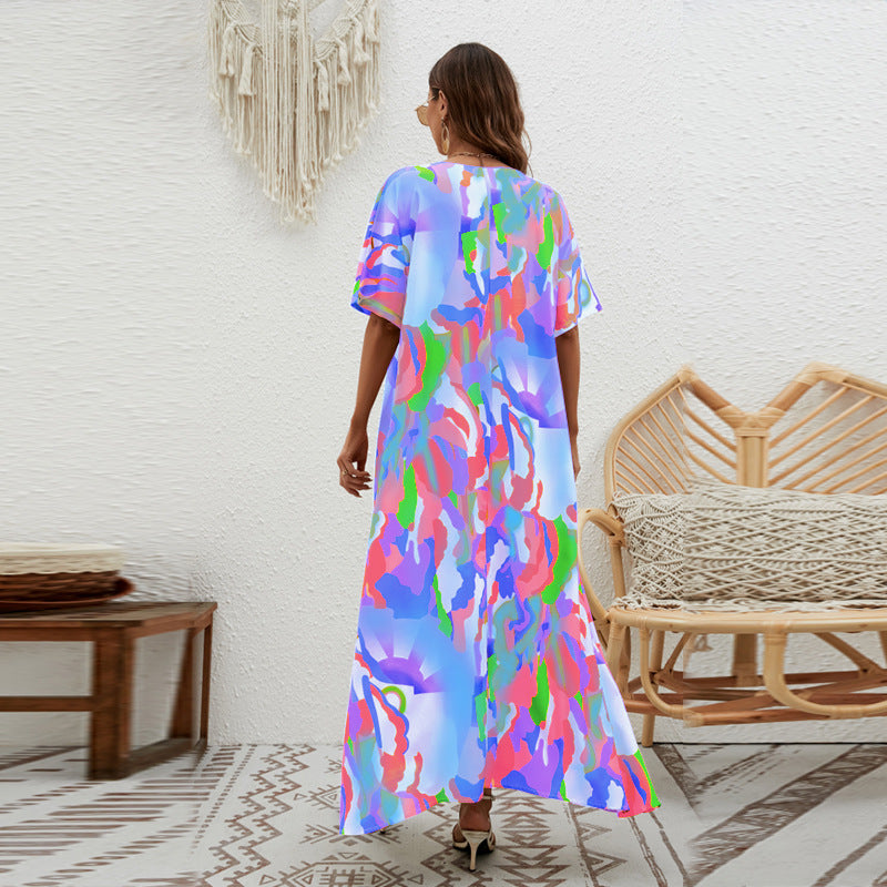 Women's Printed Loose Swing Short Sleeve Dress CD511