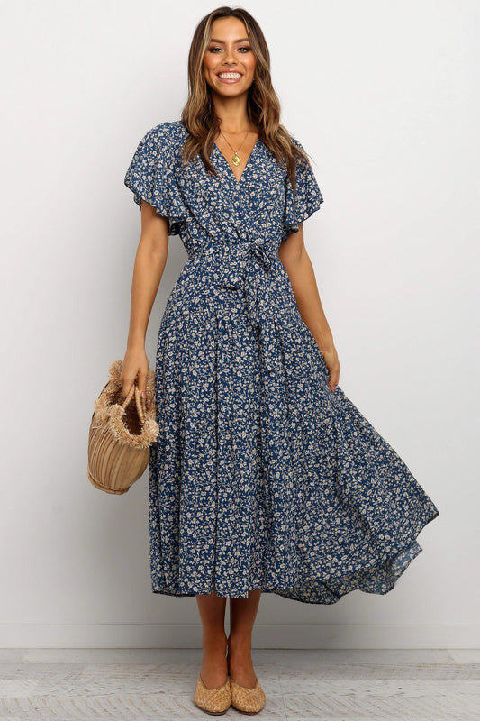 Chiffon Floral High Waisted V-neck Dress CD291