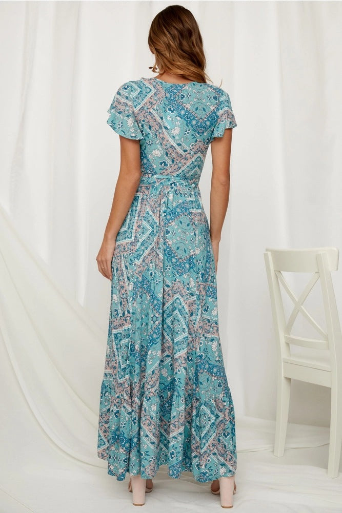 Printed Sexy V-neck Short Sleeved Dress CD324