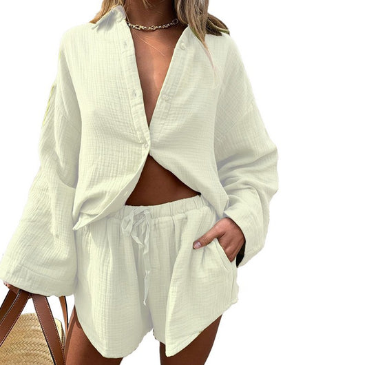 Women's Long-Sleeved Top & Drawstring Shorts Sets