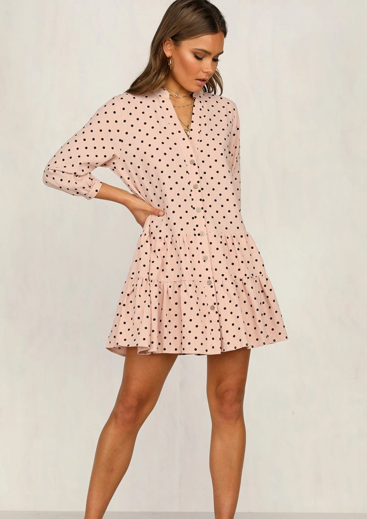 Polka Dot Printed Shirt Collar Long Sleeved Dress CD355