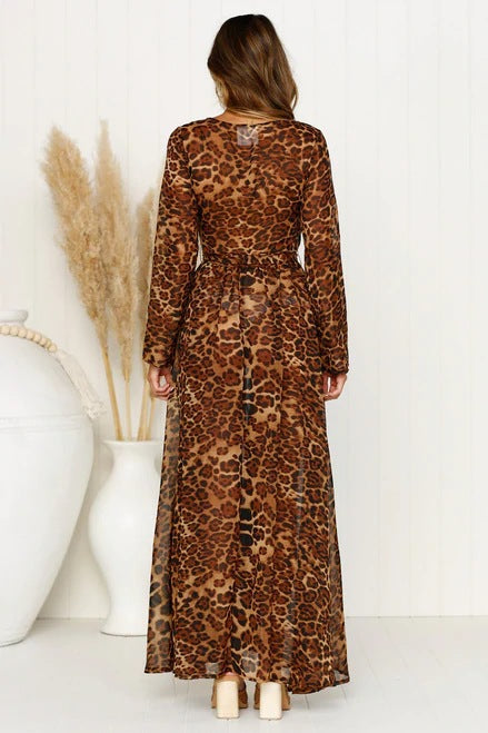 Chiffon Long Sleeve Sexy Leopard V-Neck Dress CD306