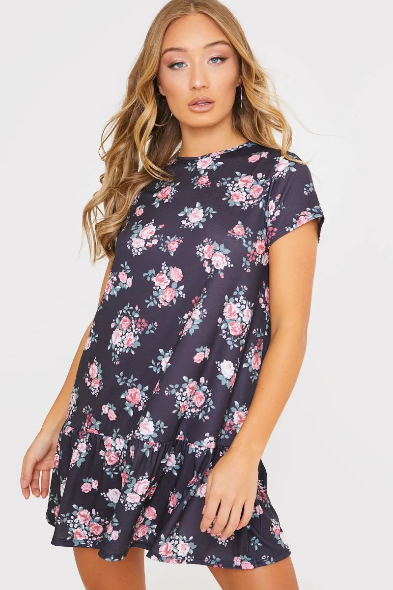 Printed Round Neck Short Sleeve Ruffled Dress CD227