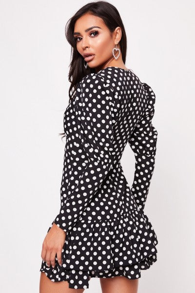 V-neck Long-sleeved Ruffled Polka-dot Printed Dress CD340