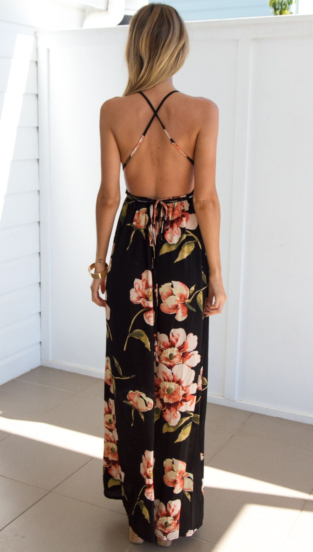 Sexy Print Sleeveless Low Cut Backless Maxi Dress CD309