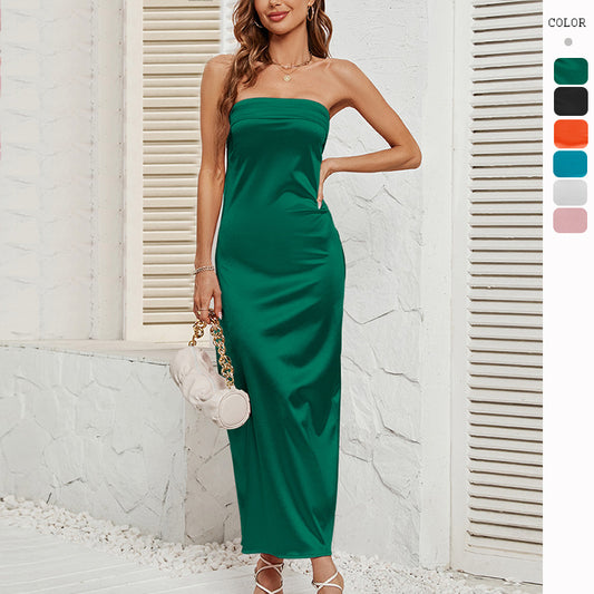 Women's Chest Wrap Open Back Satin Dress CD581