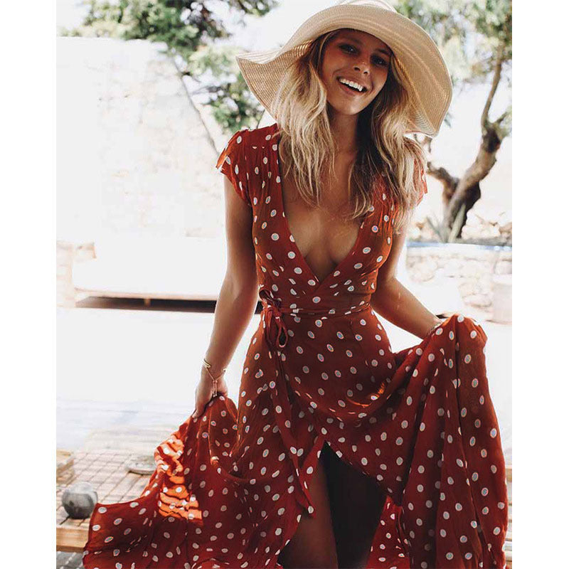 Polka Dots Print Low Cut Short Sleeved Split Dress CD313