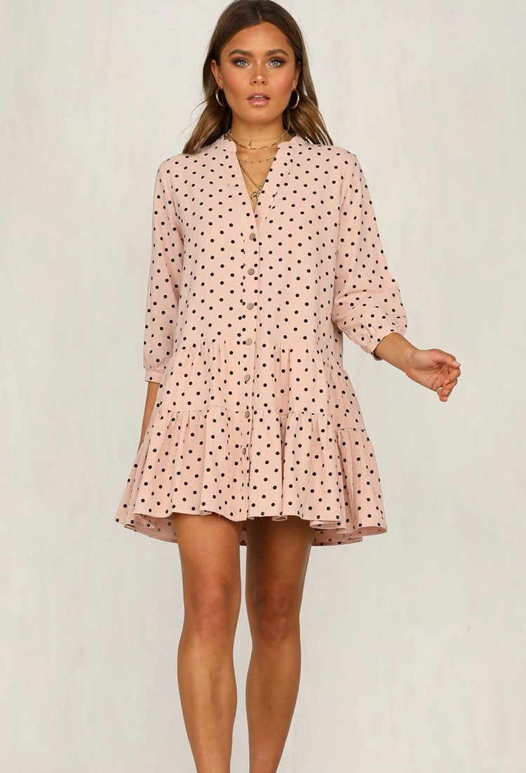 Polka Dot Printed Shirt Collar Long Sleeved Dress CD355