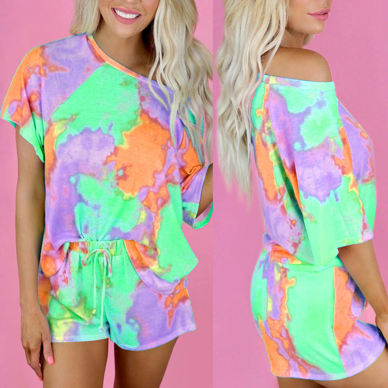 Tie-dyed Printed Short Sleeved Round Neck Suit CD625