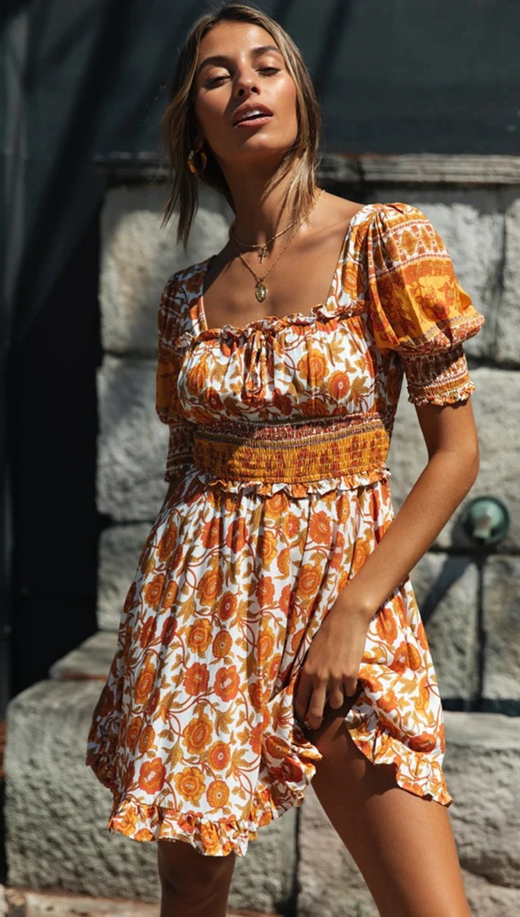 Printed Ruffled Lanbul Short-sleeved High-rise Dress CD360