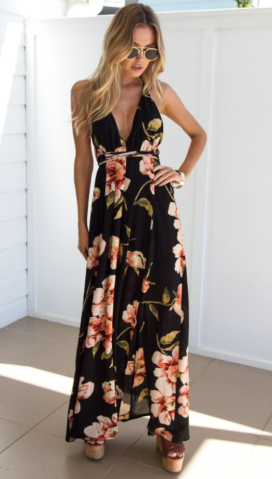Sexy Print Sleeveless Low Cut Backless Maxi Dress CD309