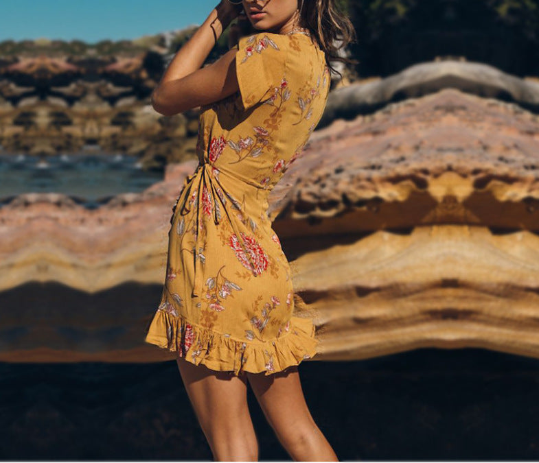 Floral V-neck Short-sleeved Ruffled Dress CD394