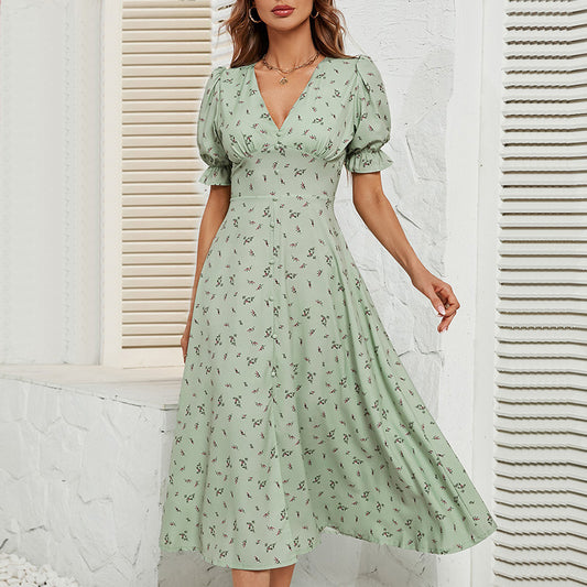 Women's Printed V-neck Floral Dress CD584
