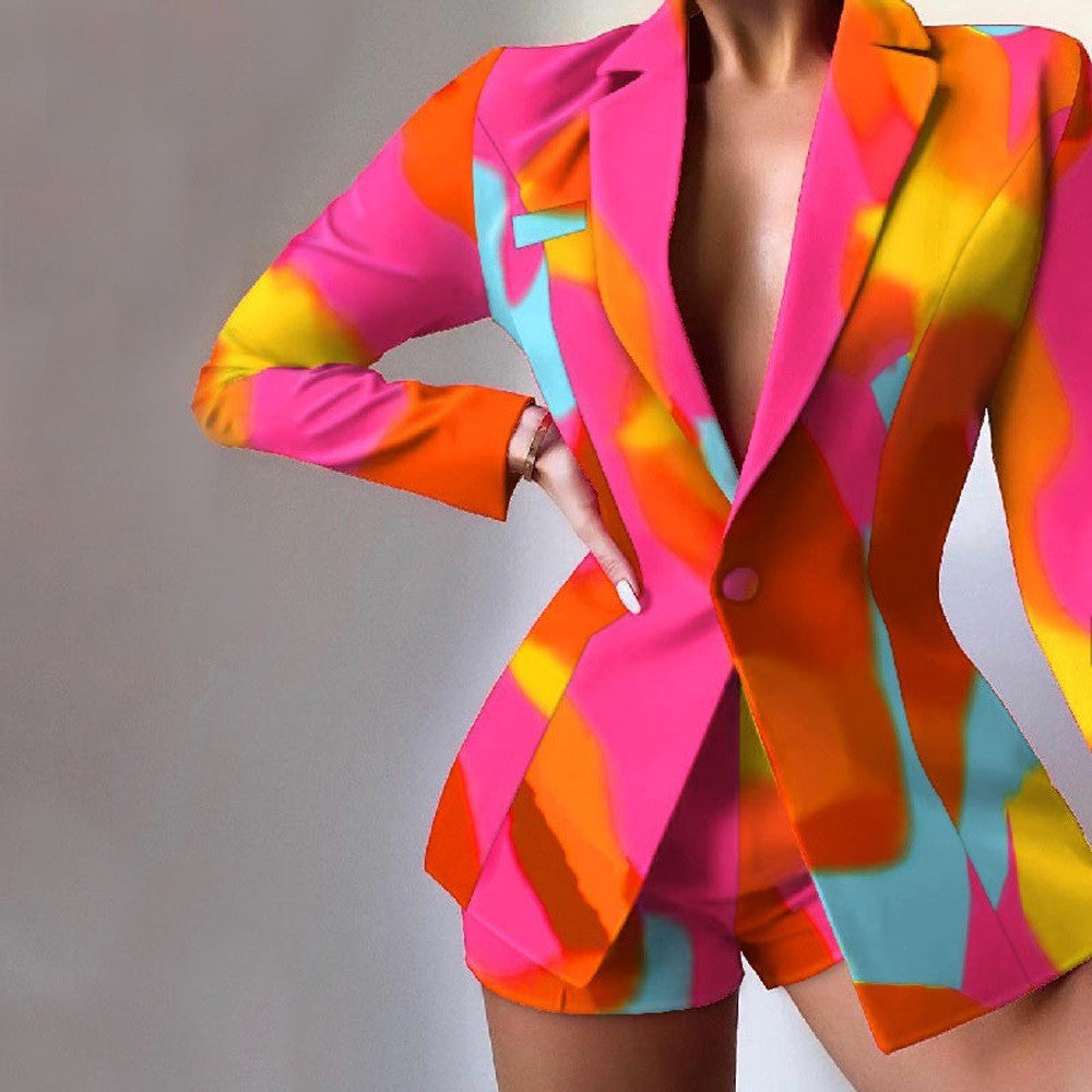 Women's V-Neck Patterned Suit Jacket & Pant Sets