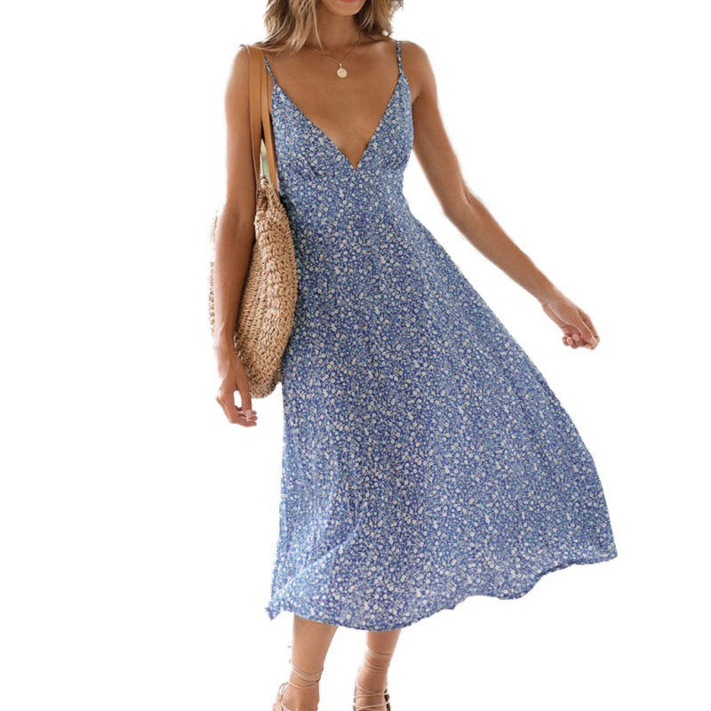 Sleeveless Suspender V-neck High Waist Printed Dress CD333