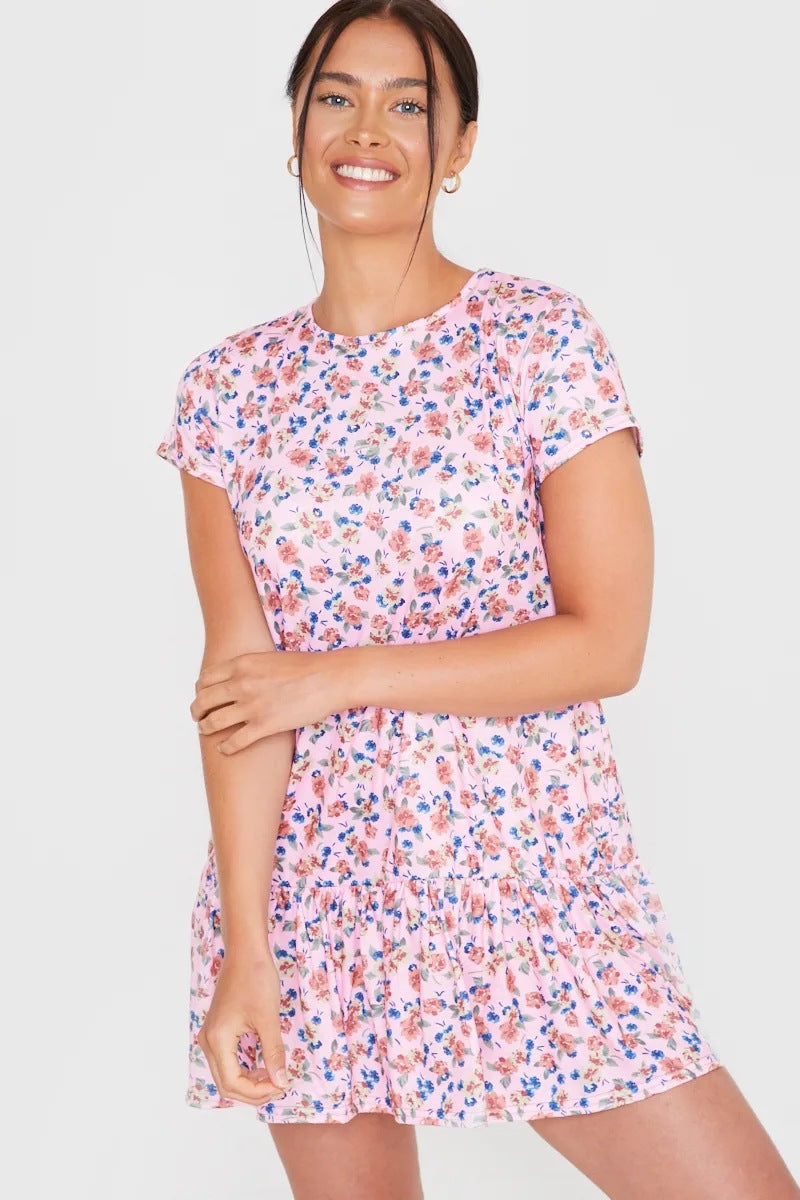 Printed Round Neck Short Sleeve Ruffled Dress CD227