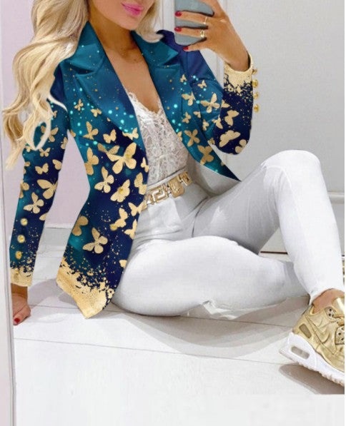 Women's Lapel Neck Patterned Suit Jacket & Pant Sets